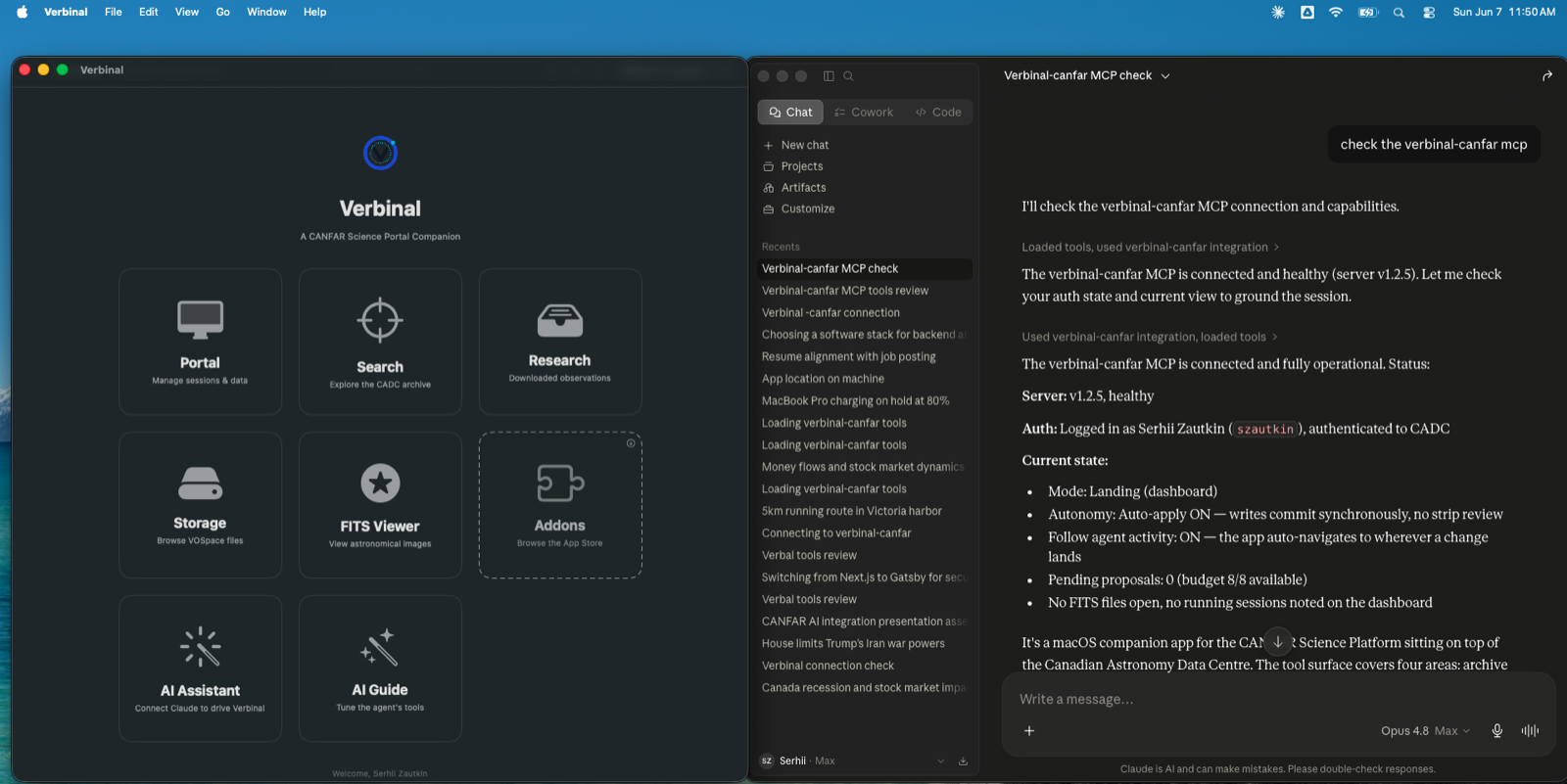 Verbinal for macOS with a live Claude conversation in a side panel, reporting that the Verbinal CANFAR MCP connection is healthy and its tools are available.