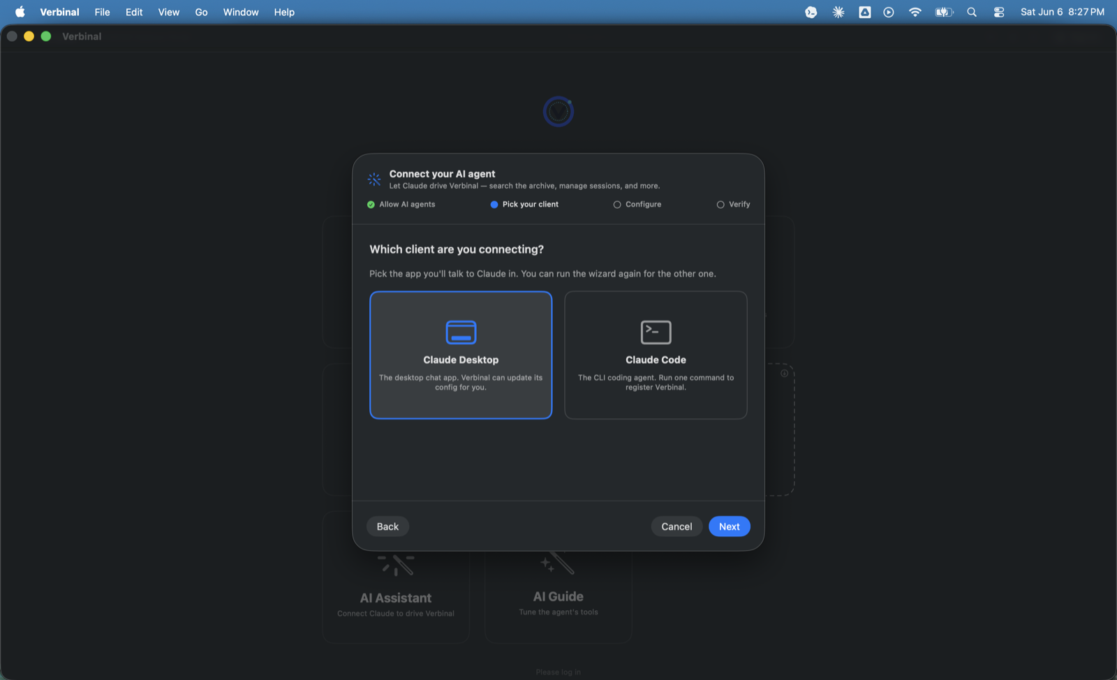 The Connect your AI agent wizard in Verbinal asking which client are you connecting, with Claude Desktop and Claude Code as the two options.
