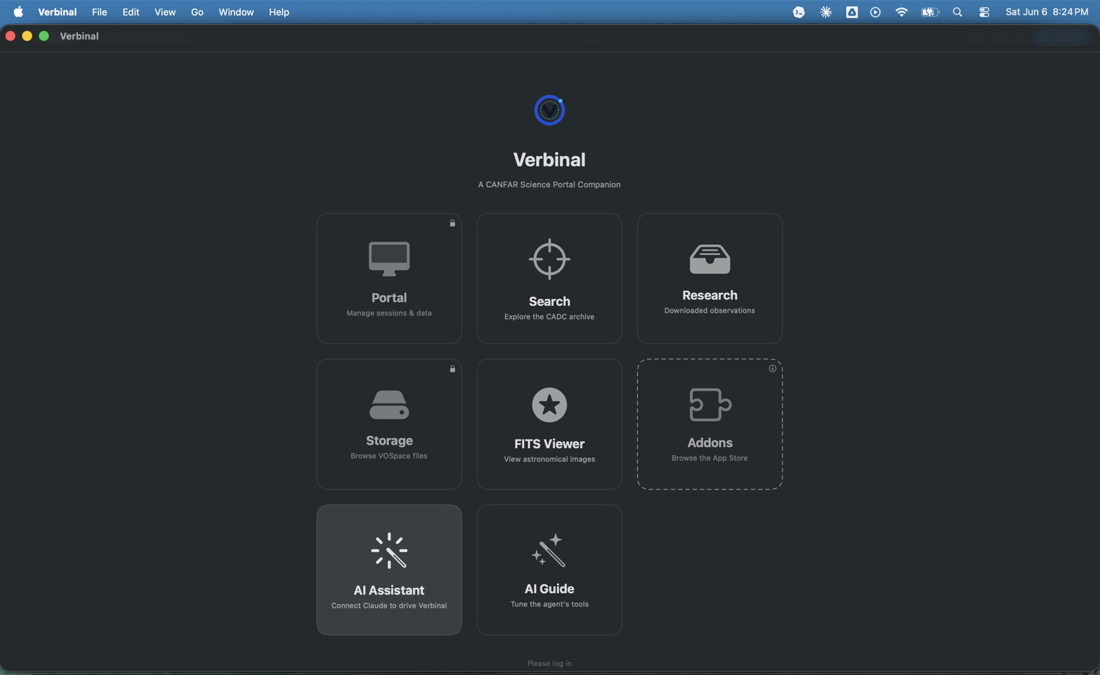 Verbinal for macOS Welcome screen with tiles for Portal, Search, Research, Storage, FITS Viewer, Addons, AI Assistant, and AI Guide.