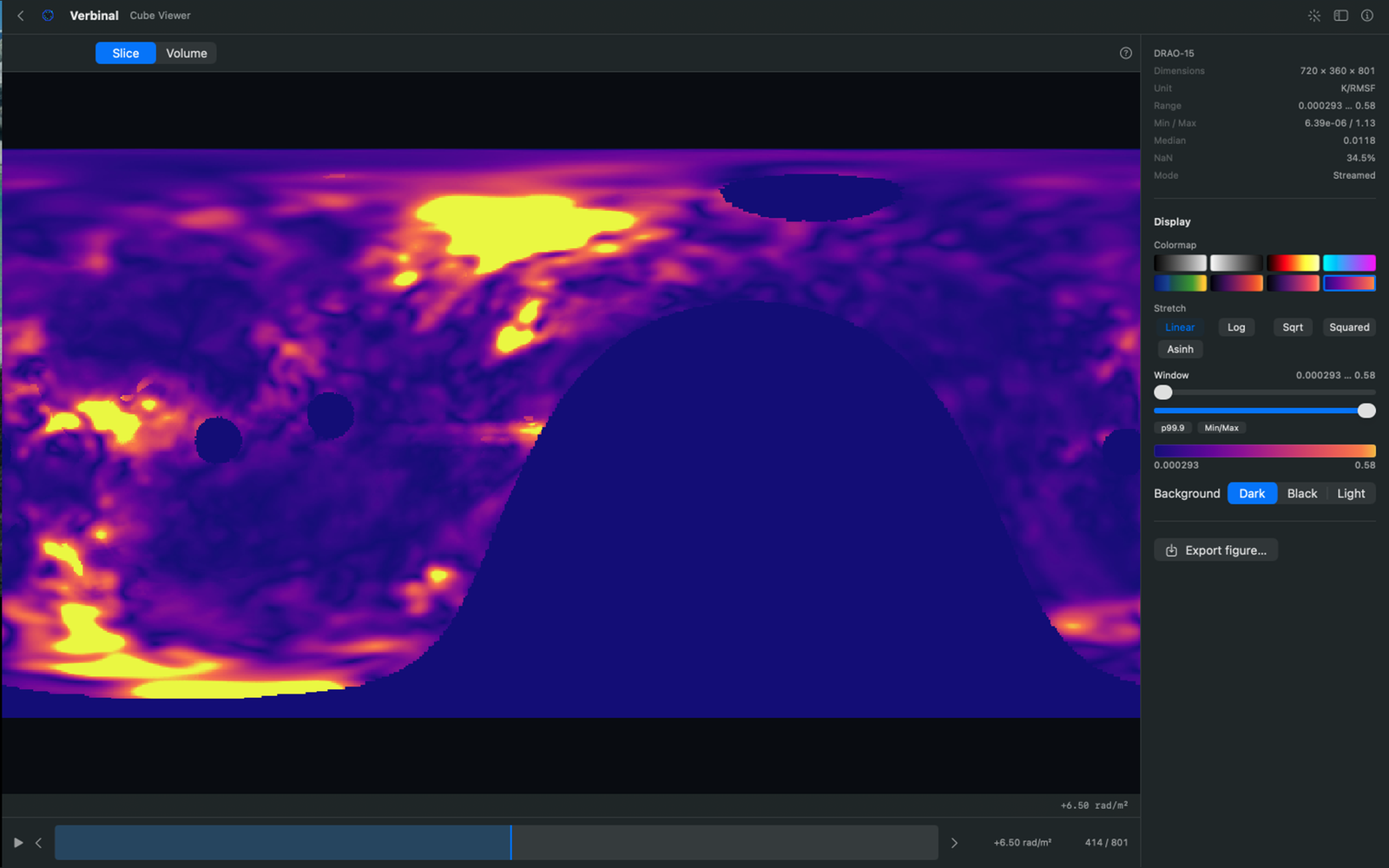 The Verbinal Cube Viewer in Slice mode — a single channel of a FITS cube at native resolution with WCS sky coordinates and the colormap, stretch, window, and background display panel.