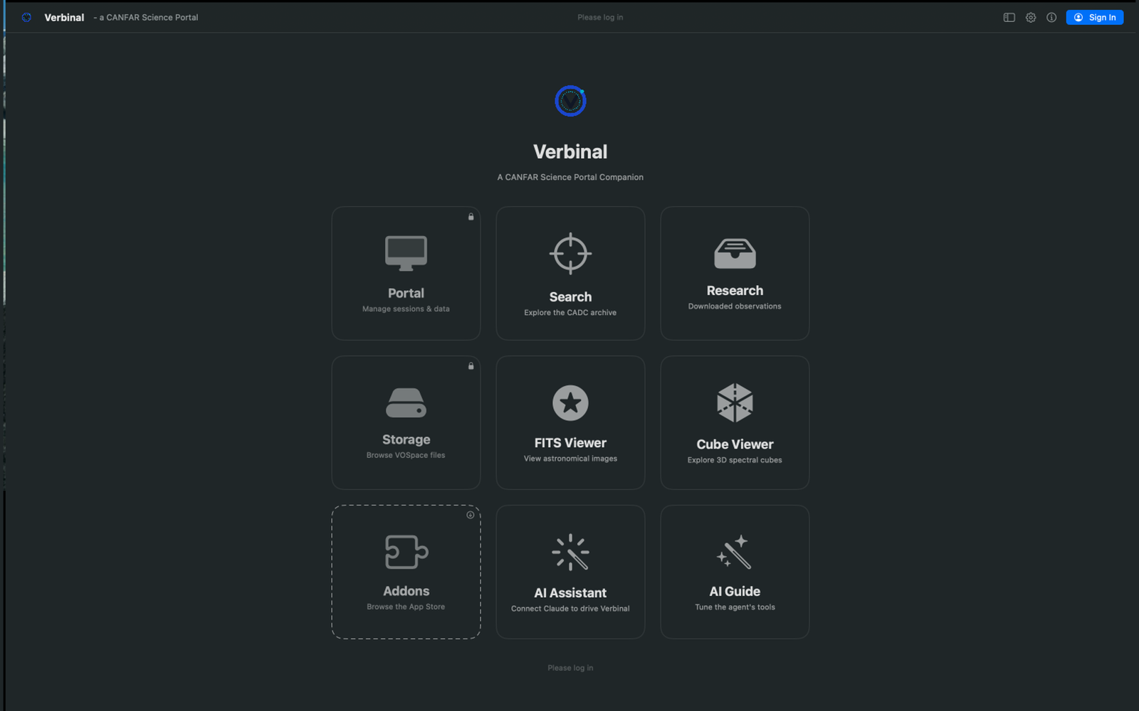The Verbinal for macOS Welcome screen showing the new Cube Viewer tile — Explore 3D spectral cubes — among Portal, Search, Research, Storage, FITS Viewer, Addons, AI Assistant, and AI Guide.