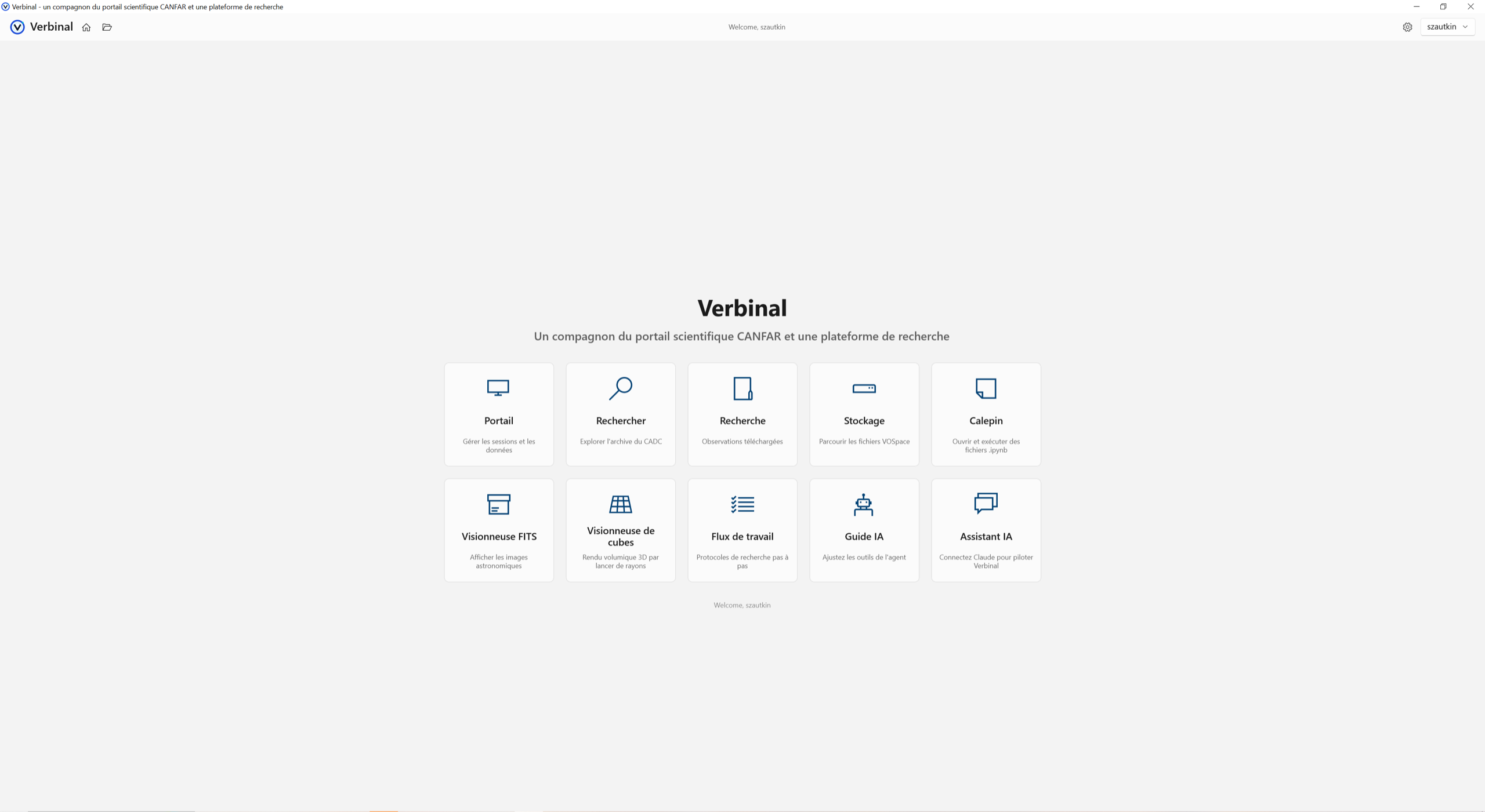 The Verbinal for Windows Welcome screen (shown here in French) with tiles for Portal, Search, Research, Storage, Notebook (Calepin), FITS Viewer, Cube Viewer, Workflows (Flux de travail), AI Guide (Guide IA), and AI Assistant (Assistant IA).