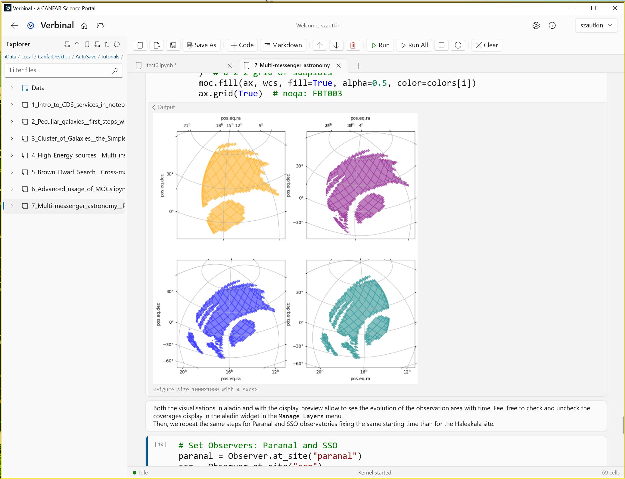 The Verbinal for Windows Notebook module: a file Explorer on the left, tabbed .ipynb notebooks, a toolbar with Run and Run All, and an executed cell whose output is a 2x2 grid of matplotlib sky-coverage plots rendered inline.