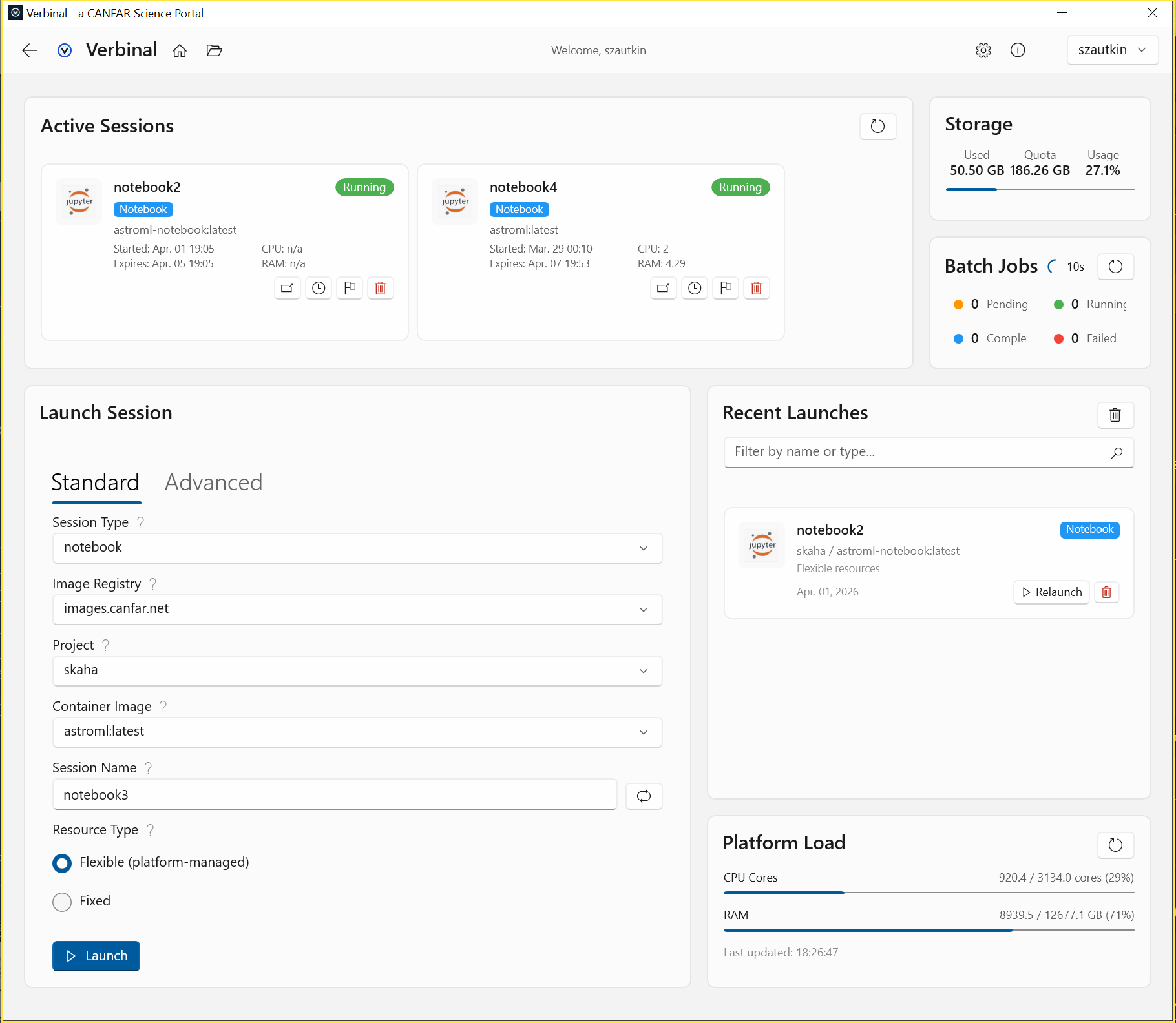 The Verbinal for Windows Portal dashboard — a native WinUI 3 view of CANFAR sessions, batch jobs, storage quota, and cluster load.