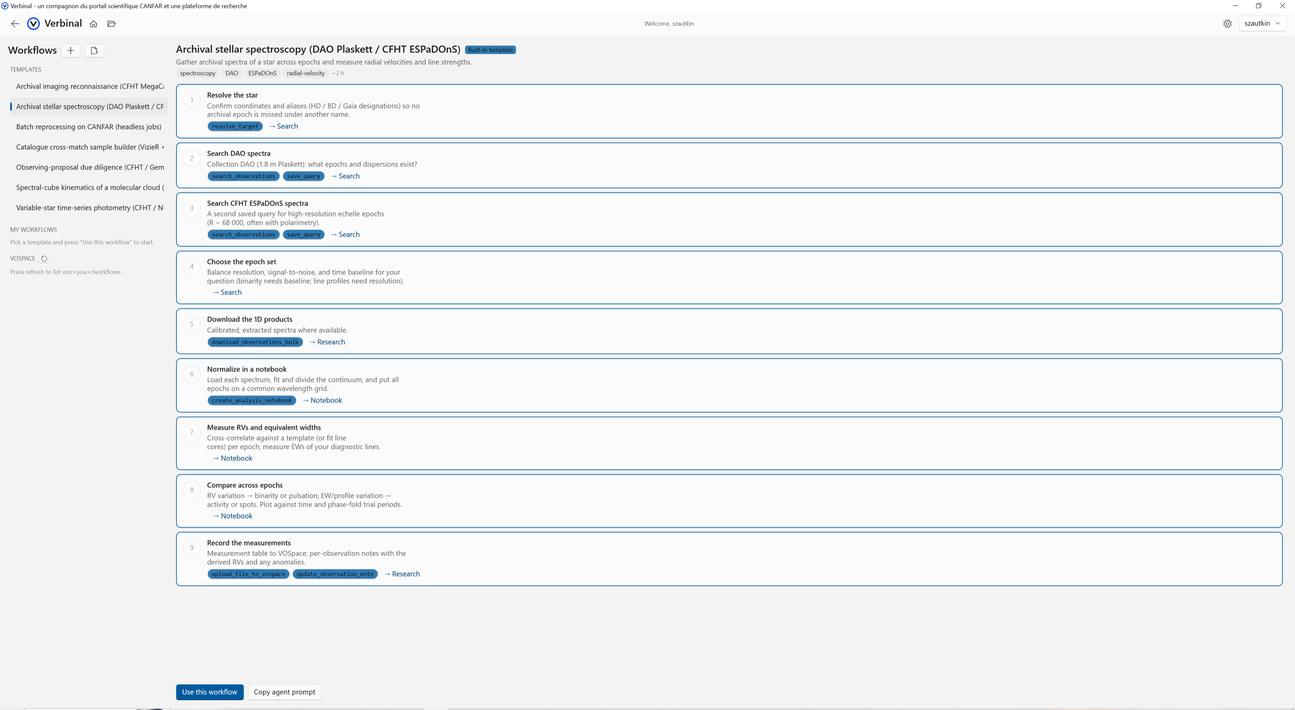 The Verbinal for Windows Workflows module: a left panel listing seven built-in templates, and a selected 'Archival stellar spectroscopy' protocol rendered as numbered step cards, each with a description, tool chips, and links into the Search, Research, and Notebook modules.