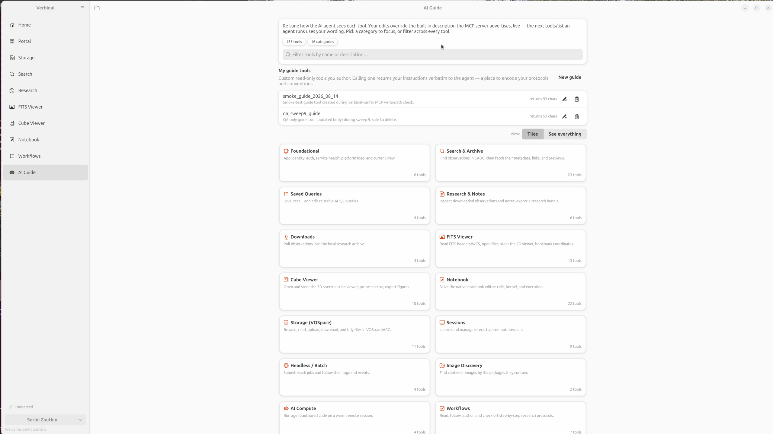 The AI Guide in Verbinal for Linux, reporting 135 tools in 16 categories, with a filter box, a list of user-authored guide tools, and category tiles for Foundational, Search & Archive, Saved Queries, Research & Notes, Downloads, FITS Viewer, Cube Viewer, Notebook, Storage, Sessions, Headless/Batch, Image Discovery, AI Compute and Workflows.