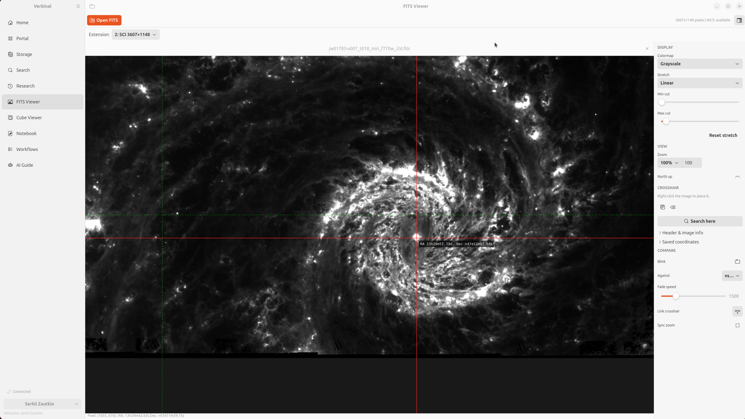 The Verbinal for Linux FITS Viewer showing the SCI extension of a JWST/MIRI image of M51 as greyscale spiral structure, with a red WCS crosshair reading RA 13h29m51.73s Dec +47d12m07.60s, and Display, View, Crosshair and Compare panels on the right.