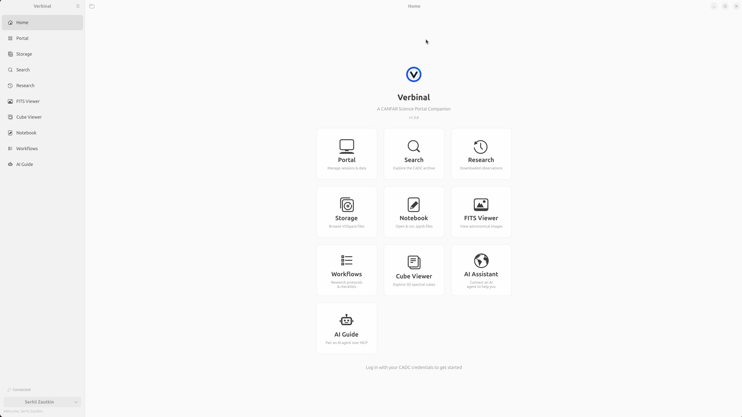 The Verbinal for Linux Welcome screen: a GNOME sidebar listing Home, Portal, Storage, Search, Research, FITS Viewer, Cube Viewer, Notebook, Workflows and AI Guide, beside a grid of ten module tiles.
