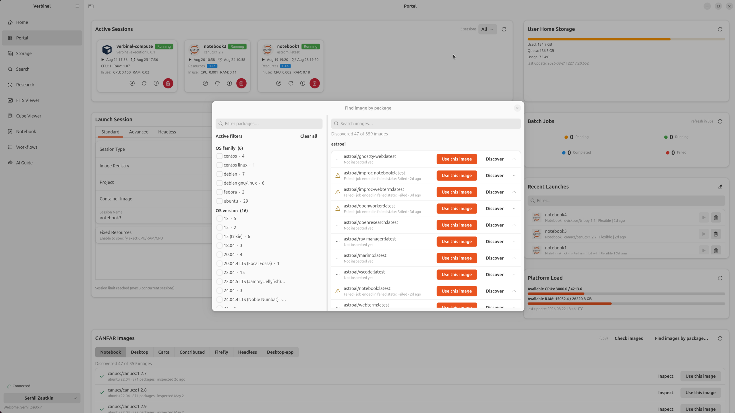 The Find image by package dialog in Verbinal for Linux: a faceted filter panel on the left listing OS families and versions with counts, and a scrolling list of matching container images on the right, each with Use this image and Discover buttons.