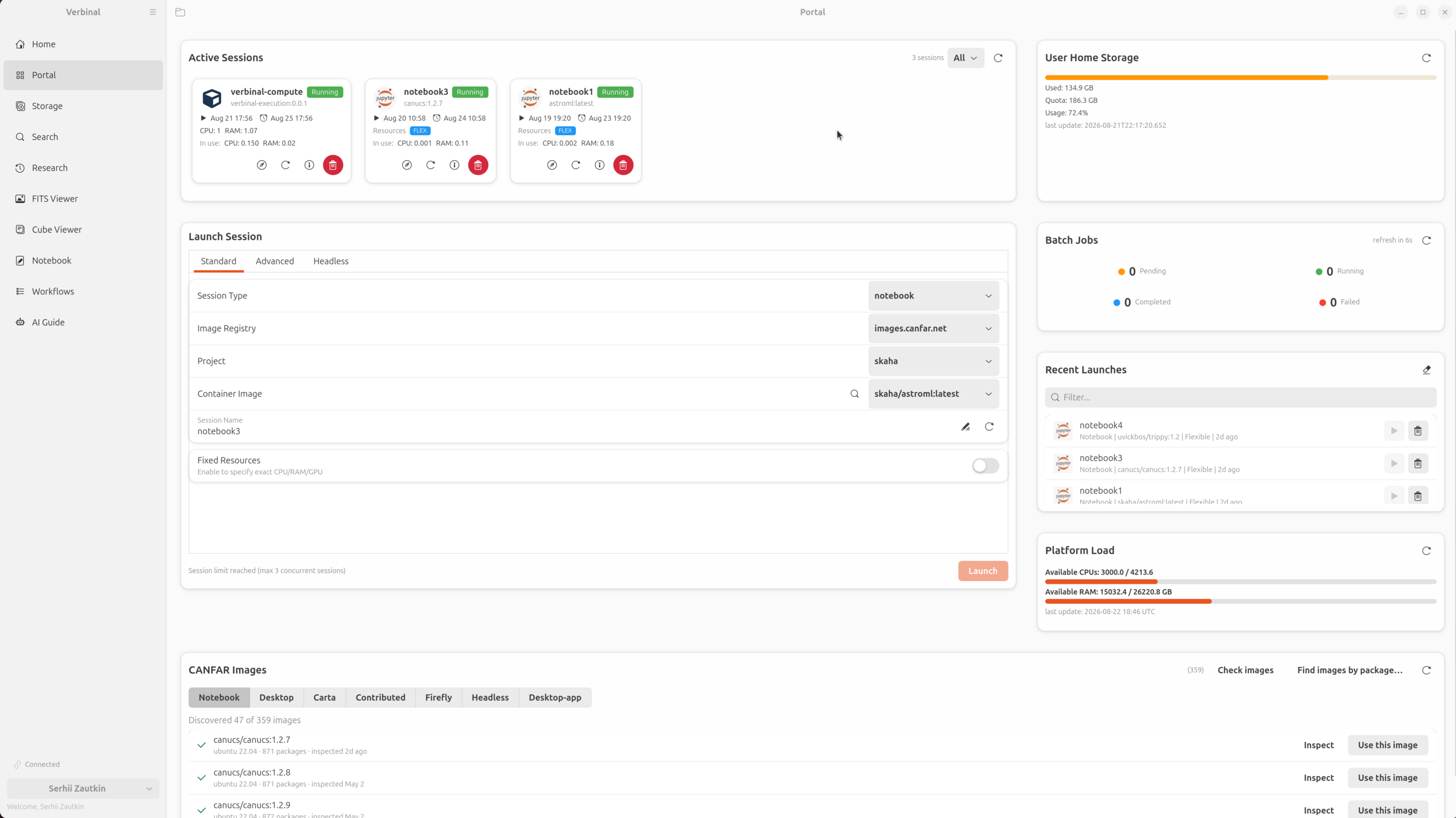 The Verbinal for Linux Portal — a native GTK 4 view of CANFAR sessions, batch jobs, storage quota, and live cluster load.