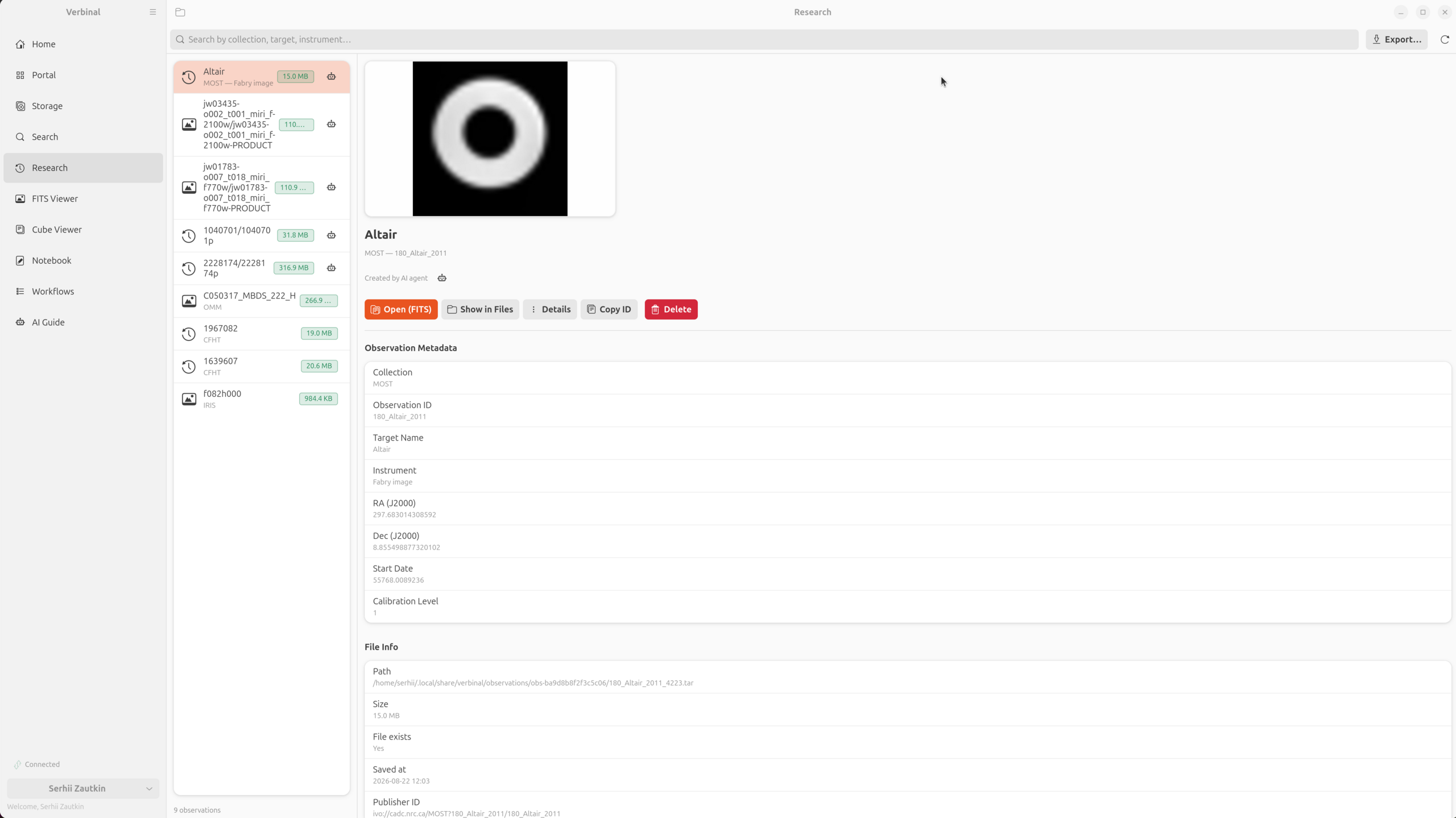 The Research module in Verbinal for Linux: a list of nine downloaded observations on the left, and on the right a MOST Fabry image of Altair with its CAOM2 observation metadata, file info, and a 'Created by AI agent' badge.
