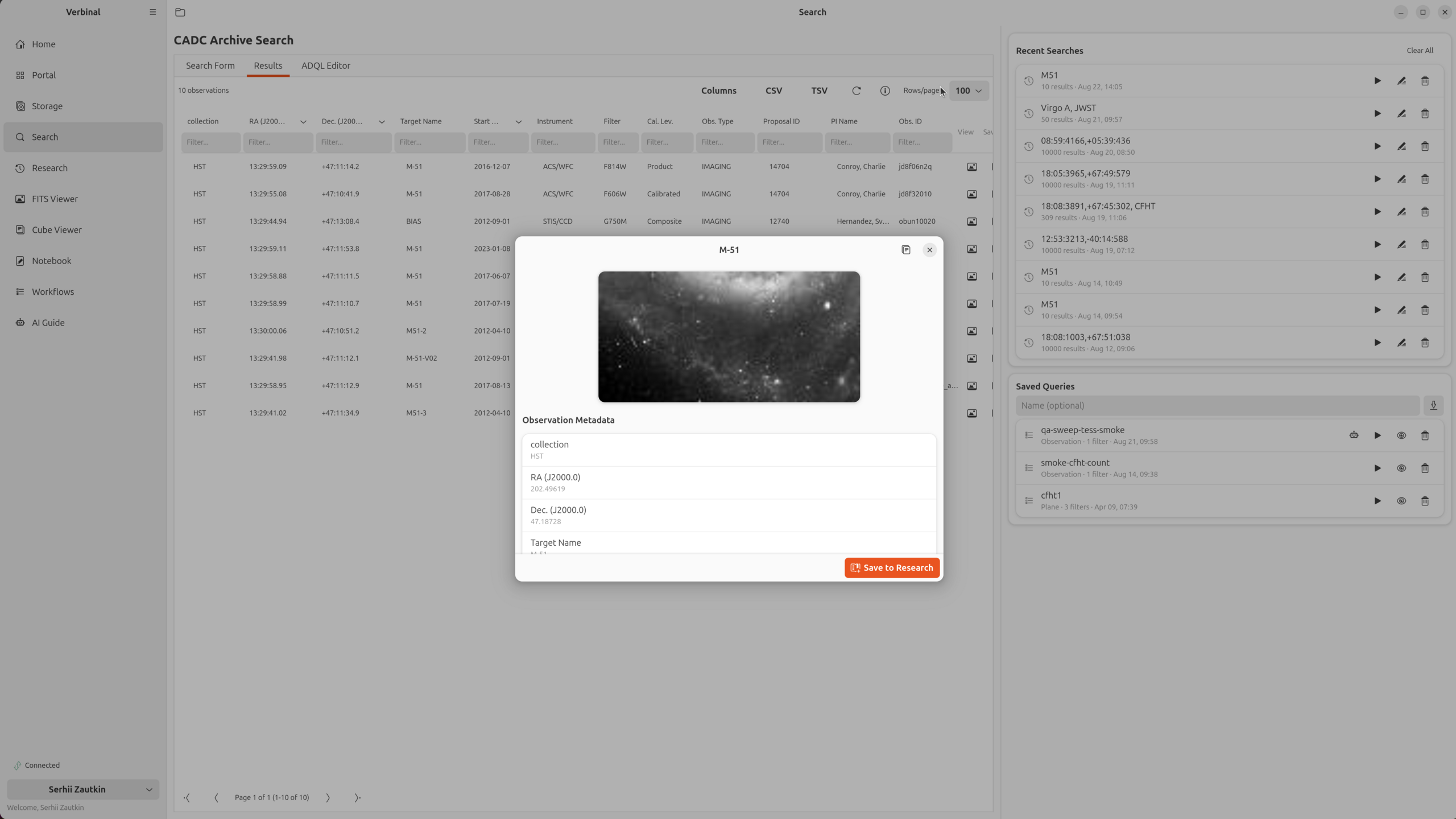 CADC Archive Search in Verbinal for Linux: a results grid of HST observations of M-51 with per-column filter boxes, a preview popover showing the observation image and its metadata with a Save to Research button, and panels for Recent Searches and Saved Queries.