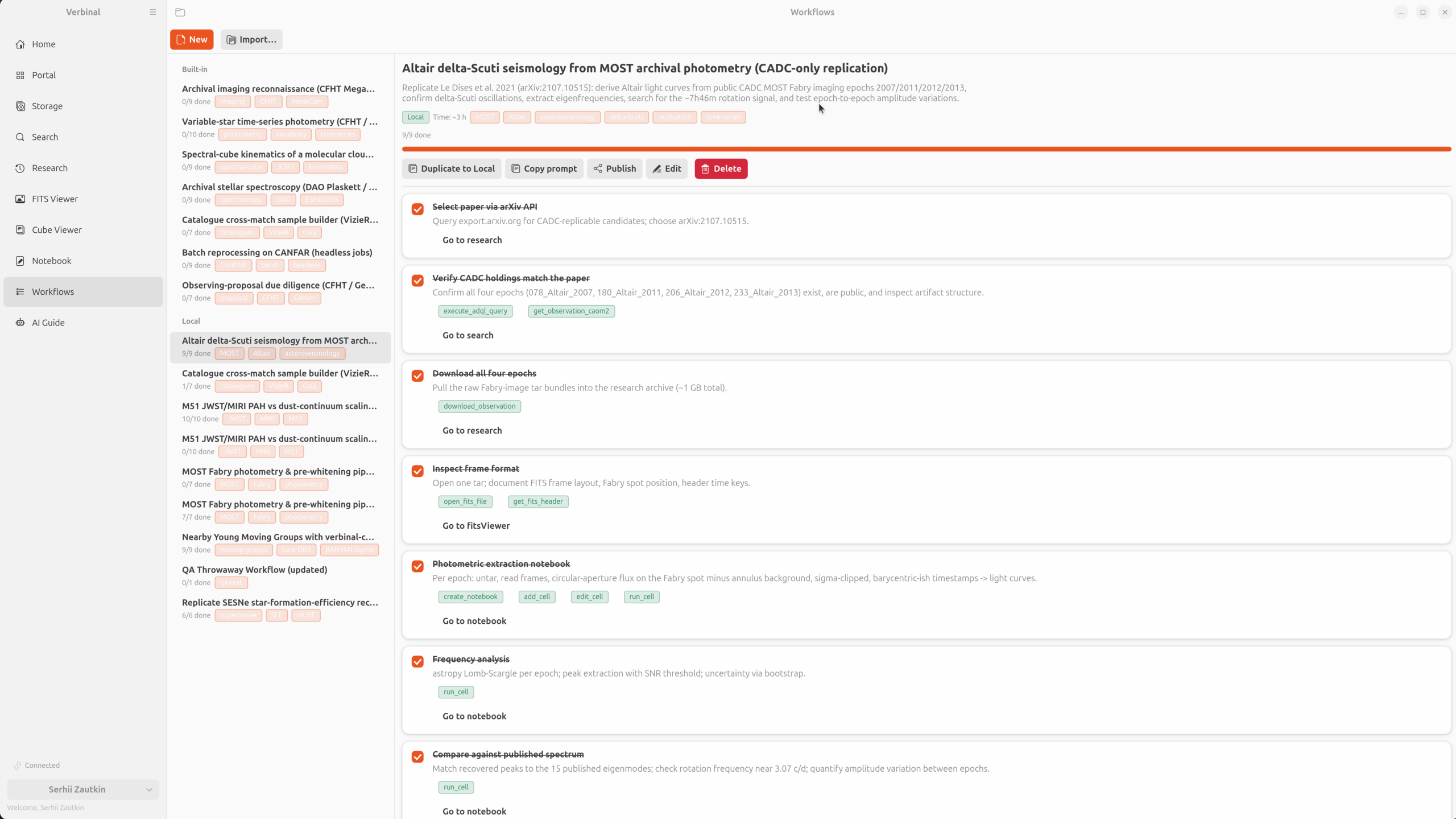 The Workflows module in Verbinal for Linux: a panel of seven built-in templates and a list of local workflows, beside a completed 'Altair delta-Scuti seismology from MOST archival photometry' protocol showing 9 of 9 steps checked off, each card carrying tool chips and a link into another module.