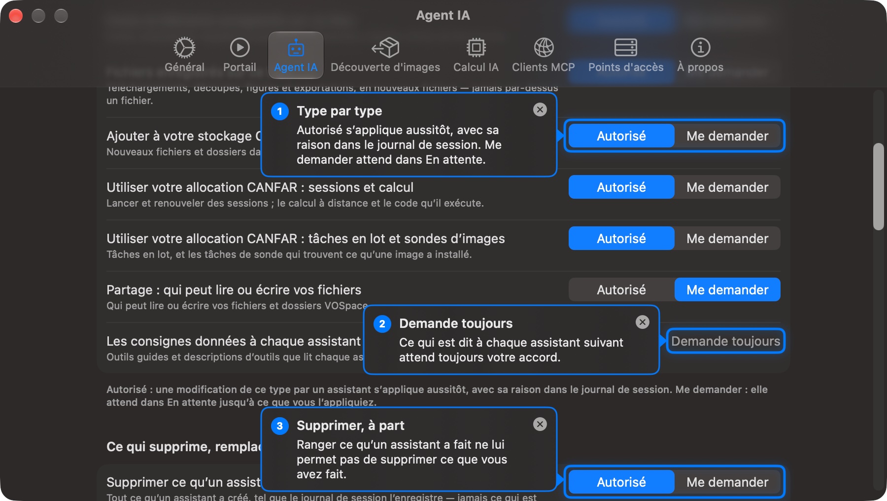 Réglages, section Agent IA&nbsp;: les types de modifications qu’un assistant peut faire, chacun avec un choix Autorisé / Me demander — ajouter à votre stockage CANFAR, utiliser votre allocation CANFAR pour les sessions et le calcul ou pour les tâches en lot et les sondes d’images, le partage —, puis «&nbsp;Les consignes données à chaque assistant&nbsp;», marqué Demande toujours, et le début de la liste de ce qui supprime, remplace ou arrête. Trois bulles numérotées les expliquent.