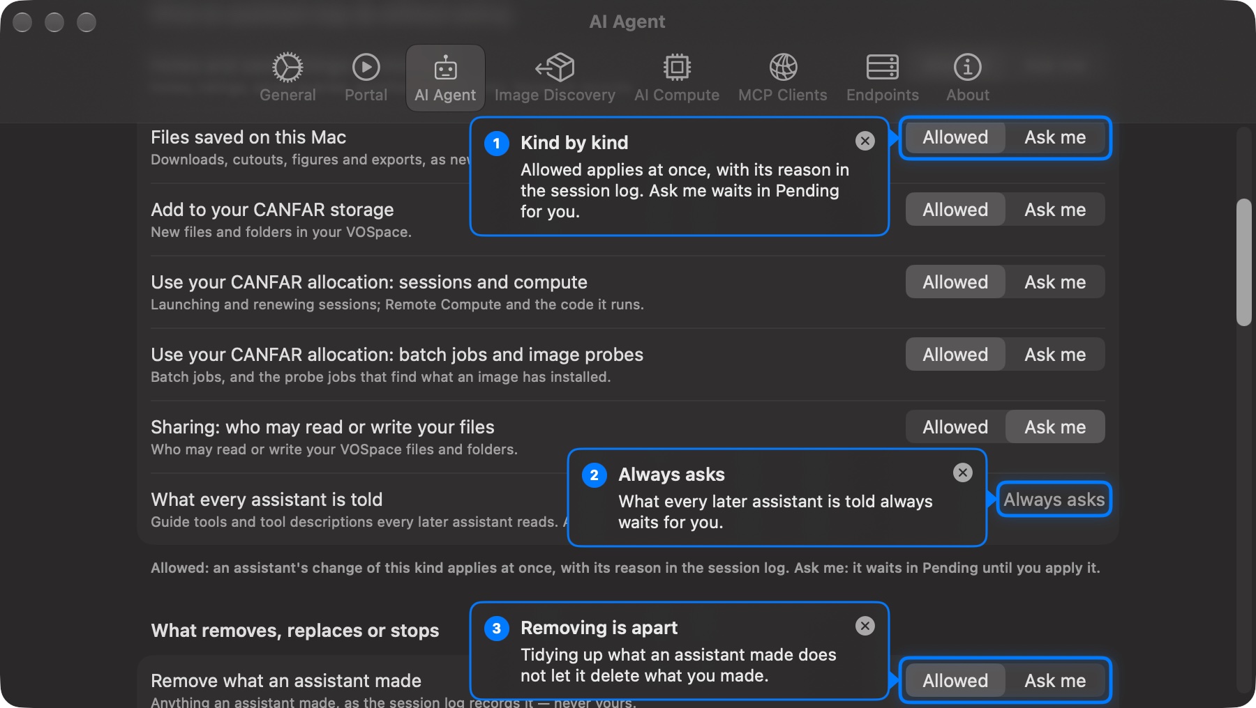 Settings, AI Agent section: kinds of change an assistant can make, each with an Allowed / Ask me switch — files saved on this Mac, adding to CANFAR storage, using the CANFAR allocation for sessions and compute or for batch jobs, sharing — then 'What every assistant is told', marked Always asks, and the start of 'What removes, replaces or stops'. Three numbered hints explain them.