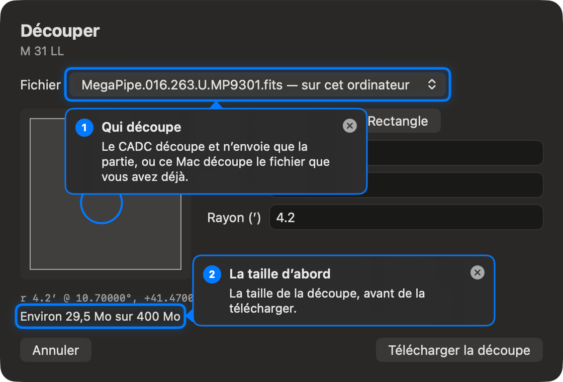 La feuille Découper sur la tuile MegaPipe de M31 en bande u&nbsp;: le fichier MegaPipe.016.263.U.MP9301.fits, sur cet ordinateur&nbsp;; un cercle de 4,2 minutes d’arc tracé sur l’empreinte de la tuile&nbsp;; et la taille, environ 29,5 Mo sur 400 Mo. Deux bulles numérotées expliquent qui découpe et la taille.