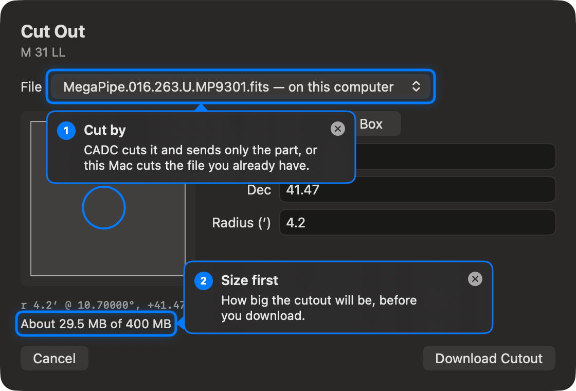 The Cut Out sheet on the M31 MegaPipe u-band tile: the file MegaPipe.016.263.U.MP9301.fits, on this computer; a 4.2-arcminute circle drawn on the tile's footprint; and the size, about 29.5 MB of 400 MB. Two numbered hints explain Cut by and the size.