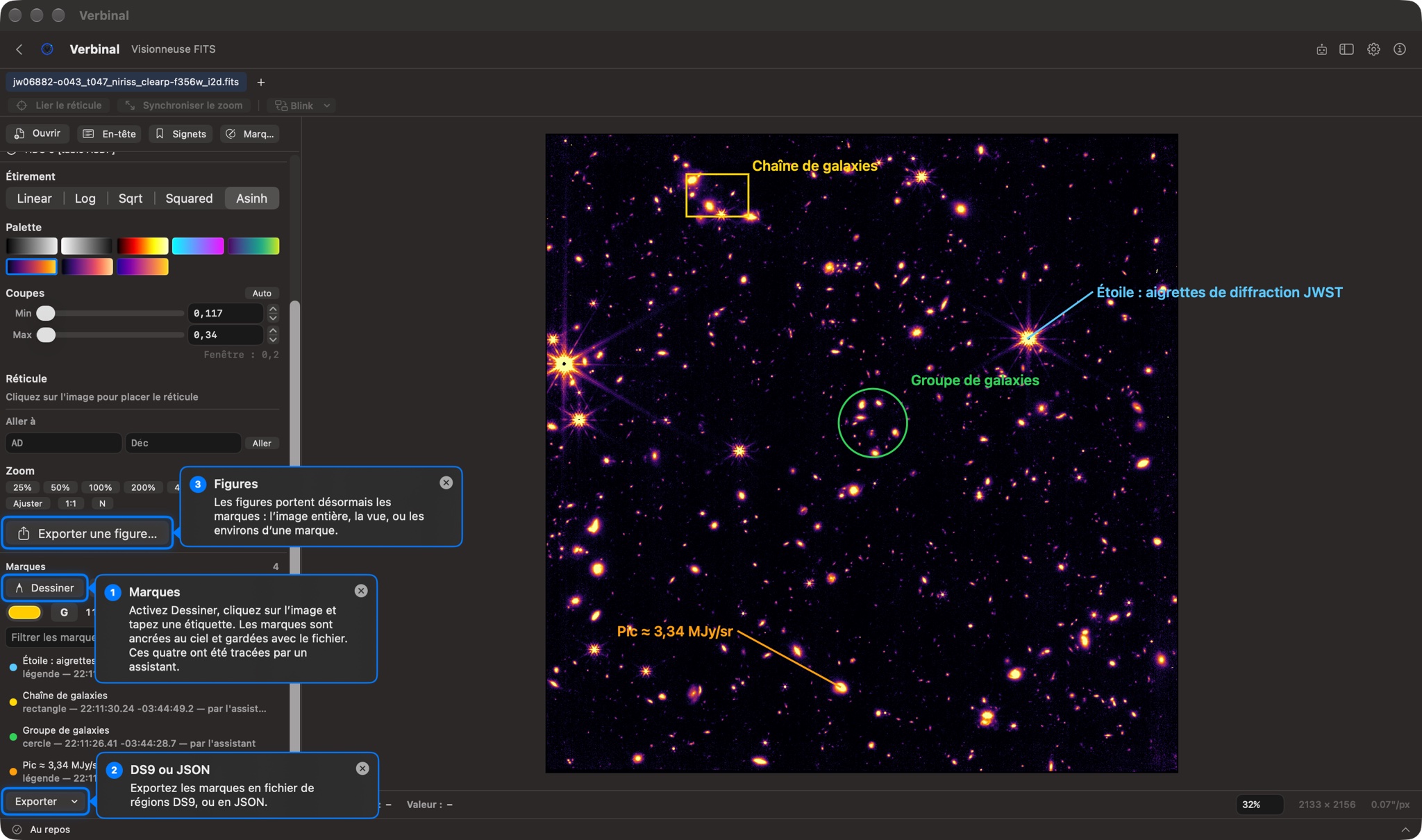 La Visionneuse FITS de Verbinal pour macOS avec une image JWST NIRISS F356W du champ de l’amas de galaxies RXC J2211, palette inferno et étirement asinh. Quatre marques sont posées sur l’image — une bulle vers une étoile, «&nbsp;Étoile&nbsp;: aigrettes de diffraction JWST&nbsp;», un rectangle «&nbsp;Chaîne de galaxies&nbsp;», un cercle «&nbsp;Groupe de galaxies&nbsp;» et une bulle «&nbsp;Pic ≈ 3,34 MJy/sr&nbsp;» — et le panneau Marques les liste toutes les quatre, par l’assistant. Des bulles numérotées pointent Dessiner, le menu Exporter des marques et Exporter une figure.