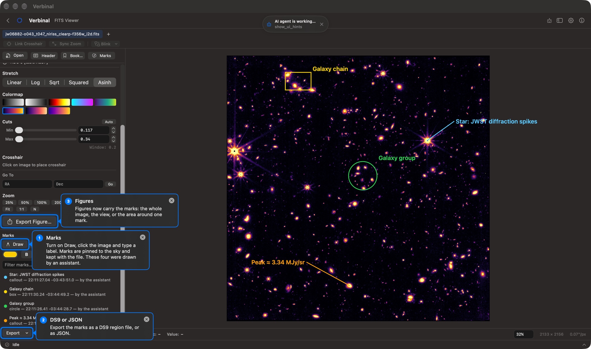 The Verbinal for macOS FITS Viewer with a JWST NIRISS F356W image of the galaxy cluster field RXC J2211 in the inferno colormap with an asinh stretch. Four marks sit on the image — a callout to a star reading 'Star: JWST diffraction spikes', a box labelled 'Galaxy chain', a circle labelled 'Galaxy group', and a callout reading 'Peak ≈ 3.34 MJy/sr' — and the Marks panel lists all four as by the assistant. Numbered hints point at Draw, the marks' Export menu and Export Figure.