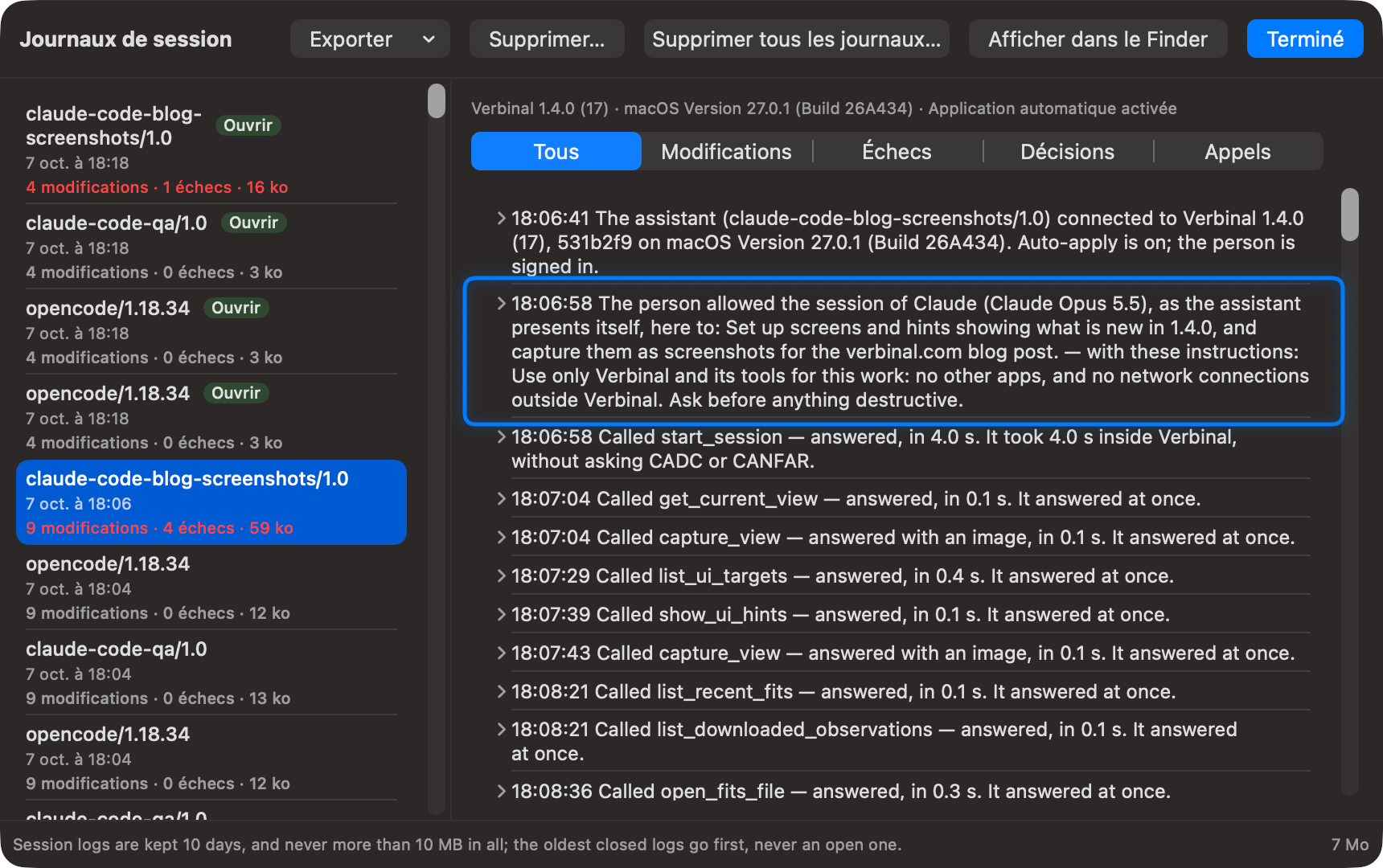 La feuille Journaux de session. La session choisie, claude-code-blog-screenshots/1.0, affiche son journal, dont les entrées sont écrites en anglais, et l’entrée où la personne autorise la session est encerclée&nbsp;: l’assistant s’est connecté à Verbinal 1.4.0&nbsp;; la personne a autorisé la session de Claude, tel que l’assistant se présente, pour préparer des écrans et des indications et les capturer pour l’article du blogue de verbinal.com, avec les instructions «&nbsp;Use only Verbinal and its tools for this work: no other apps, and no network connections outside Verbinal. Ask before anything destructive.&nbsp;»&nbsp;; puis chaque appel — start_session, get_current_view, capture_view, list_ui_targets, show_ui_hints — avec sa durée.