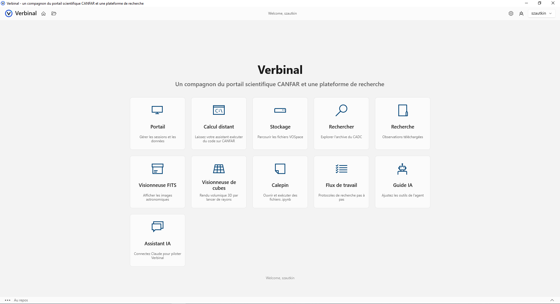 L’écran d’accueil de Verbinal pour Windows, en français, avec les tuiles Portail, Calcul distant, Stockage, Rechercher, Recherche, Visionneuse FITS, Visionneuse de cubes, Calepin, Flux de travail, Guide IA et Assistant IA, et la barre d’activité au bas de la fenêtre.