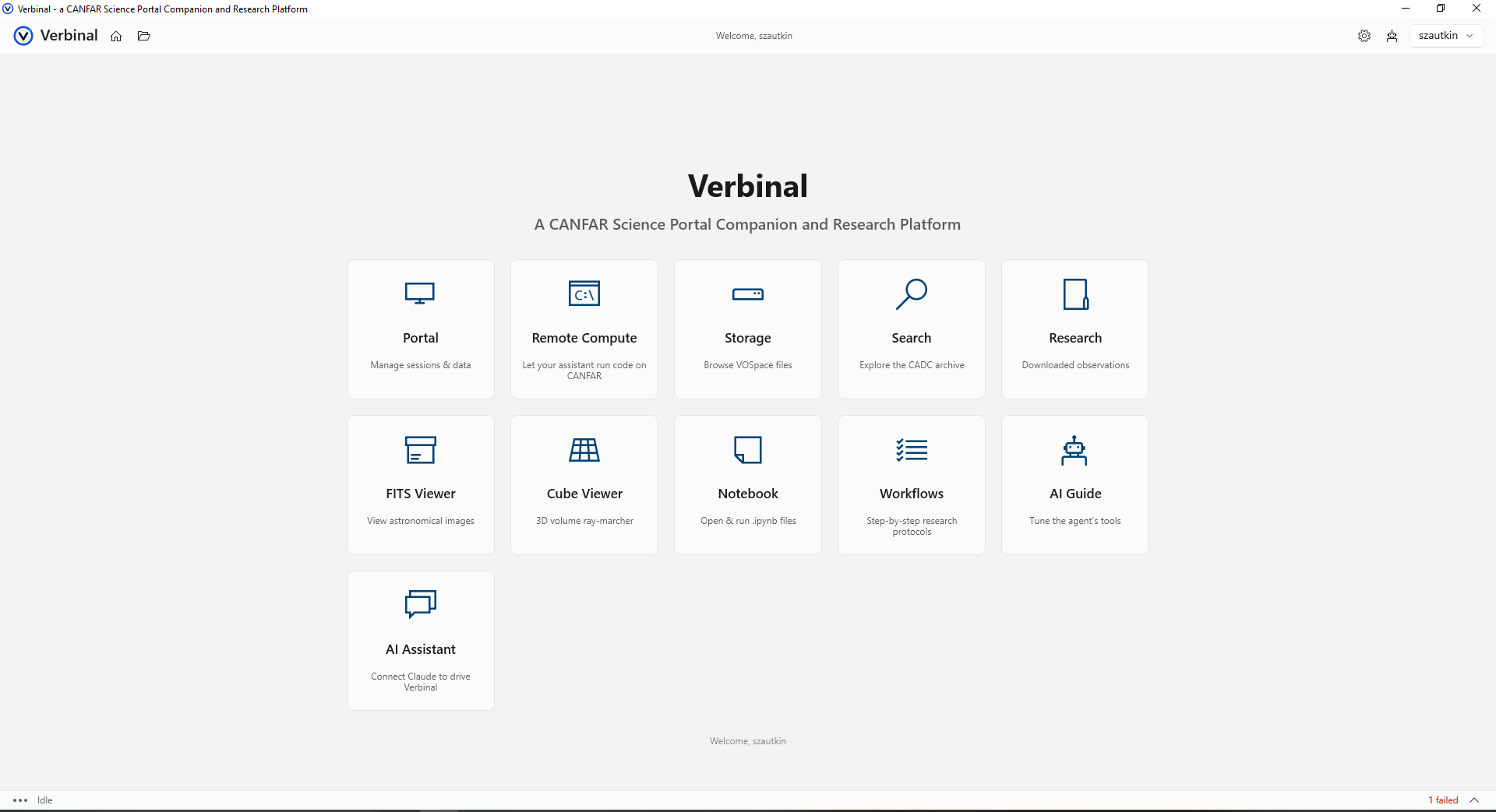 The Verbinal for Windows home screen at 1.4.1, with tiles for Portal, Remote Compute, Storage, Search, Research, FITS Viewer, Cube Viewer, Notebook, Workflows, AI Guide and AI Assistant, and the activity bar along the bottom of the window.