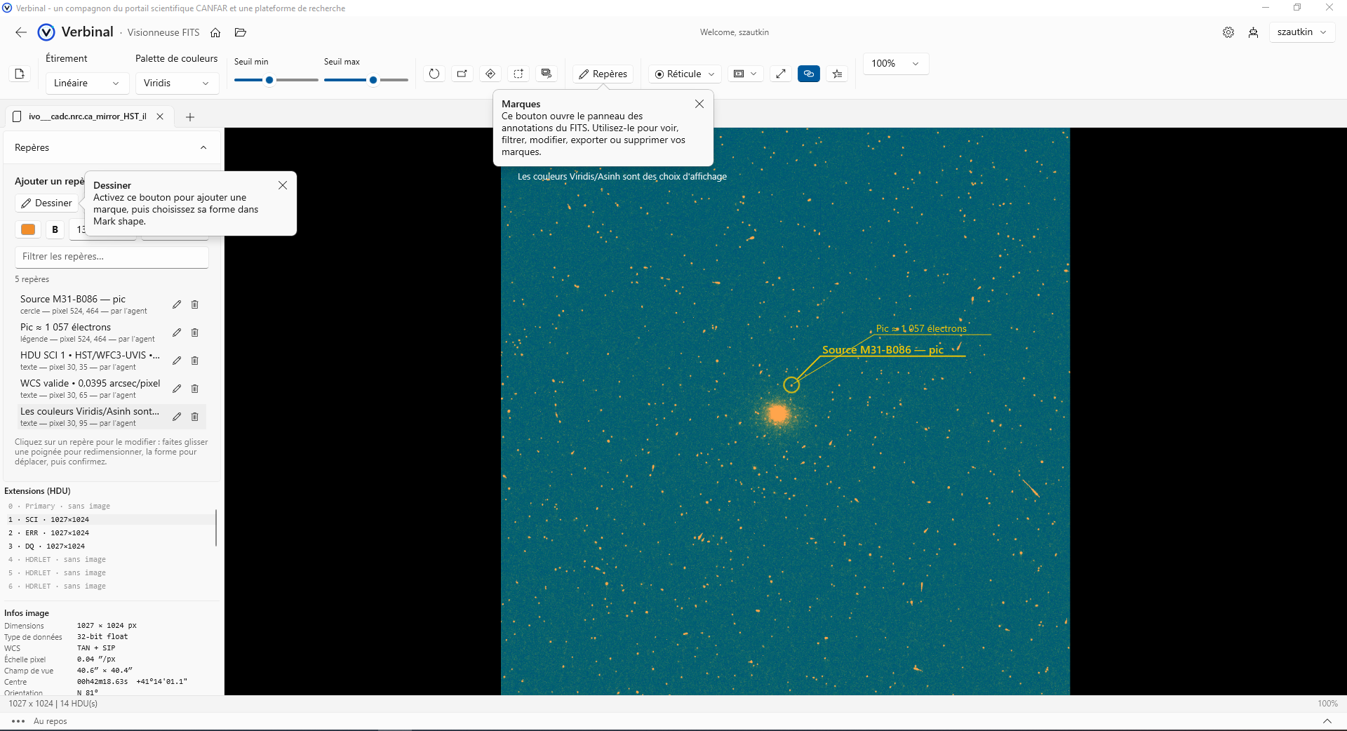 La Visionneuse FITS de Verbinal pour Windows, en français, avec une image HST WFC3/UVIS d’un champ de M31 dans la palette Viridis et un étirement linéaire. Le panneau Repères liste cinq repères tracés par l’agent IA — un cercle sur la source M31-B086, une légende indiquant « Pic ≈ 1 057 électrons » et trois étiquettes de texte — et deux bulles d’aide pointent les boutons Repères et Dessiner.