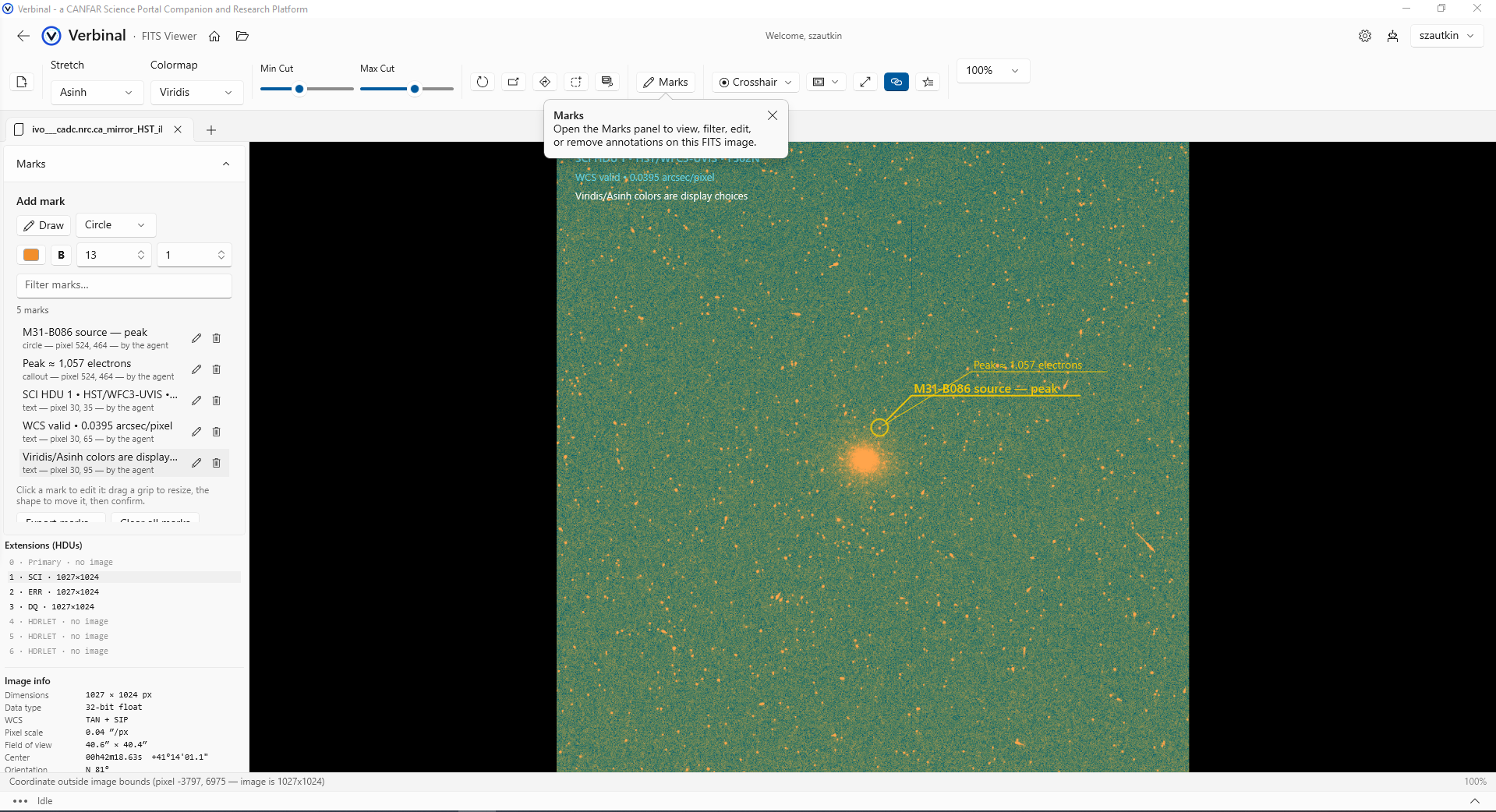The Verbinal for Windows FITS Viewer with an HST WFC3/UVIS image of a field in M31, shown in the Viridis colormap with an asinh stretch. The Marks panel lists five marks drawn by the AI agent — a circle on the source M31-B086, a callout reading 'Peak ≈ 1,057 electrons', and three text labels — and a hint points at the Marks button in the toolbar.