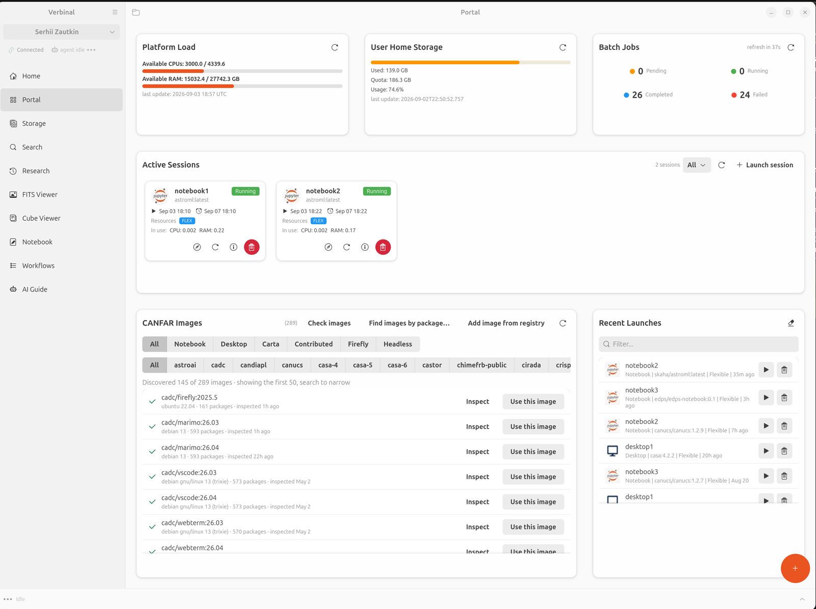 Le Portail de Verbinal pour Linux en 1.4.4 : charge de la plateforme, quota de stockage et décompte des tâches par lots en haut, deux sessions de calepin en cours avec leur consommation réelle de processeur et de mémoire, et le catalogue d’images CANFAR filtré par type de session et par projet, à côté d’une liste des lancements récents.