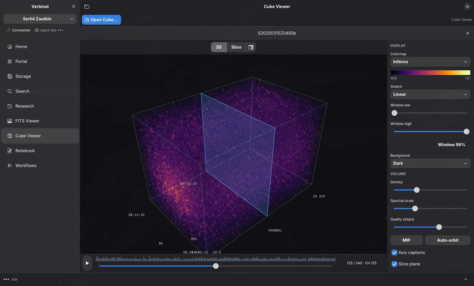 Verbinal's Cube Viewer running on Omarchy: a spectral cube volume-rendered in 3D with the Inferno colormap against a dark background, axis captions for RA, DEC and CHANNEL, a slice plane, and a Display panel with colormap, stretch, window and volume controls.